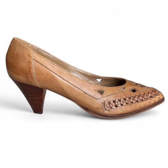 Vintage Rush Hour 7B Leather Cutout Heels Tan Braided Toe Western Boho - Picture 1 of 8